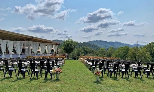 Wedding ceremony setup overlooking the mountains at The Crown in Brasstown, North Carolina